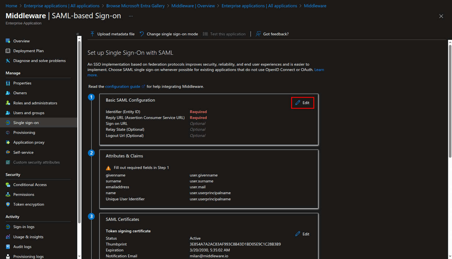 Enable SSO for Middleware in Microsoft Entra ID